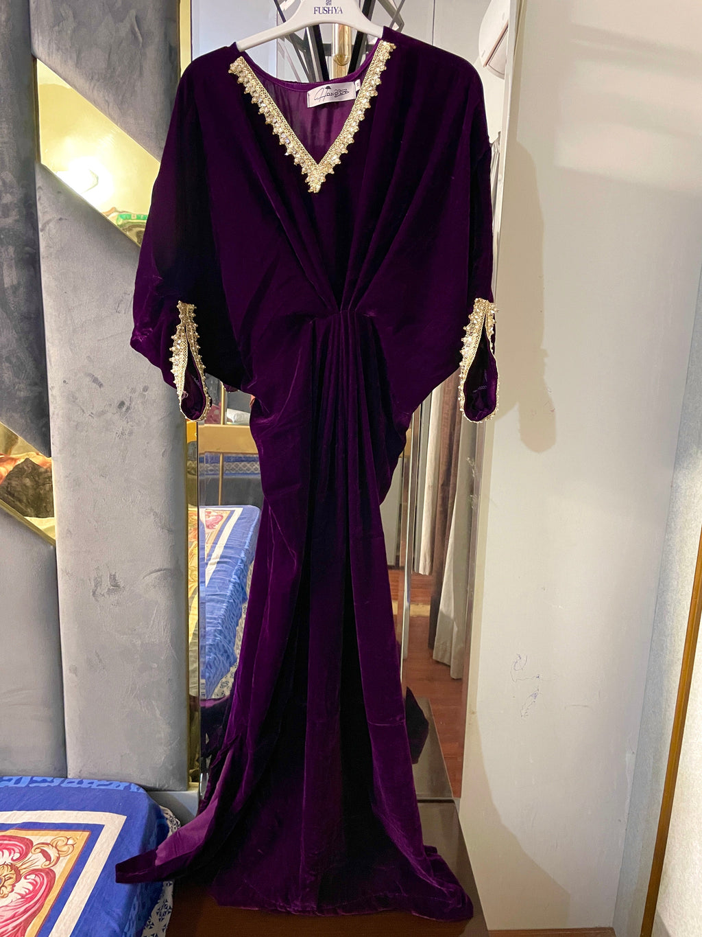 Embroidered Velvet Burgundy Kaftan