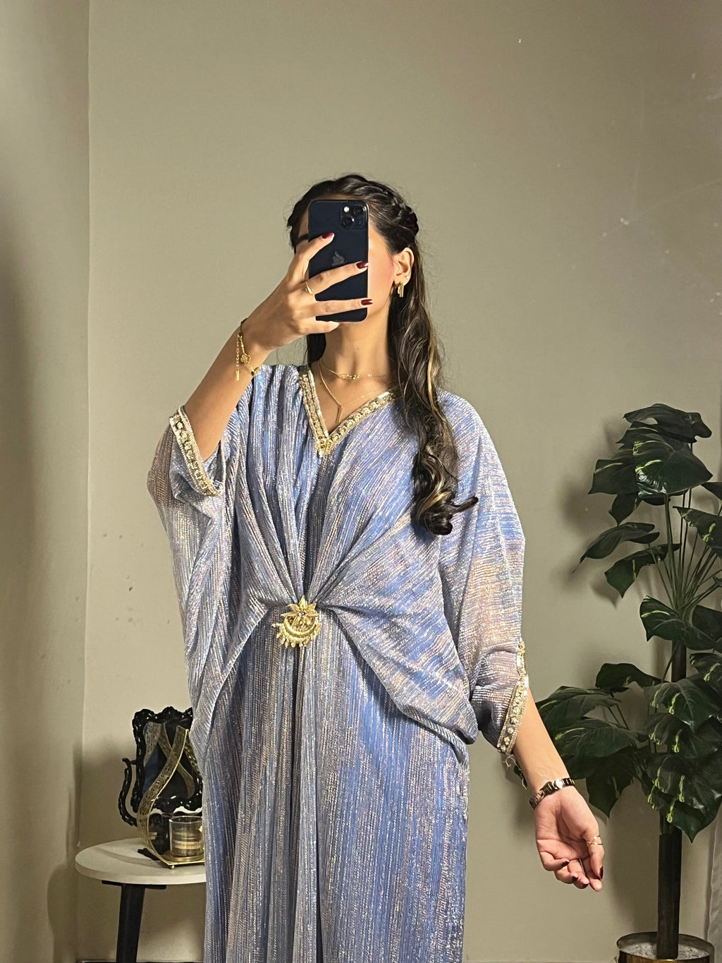 Cut-Dana Embroidered Blue Moonlight Kaftan