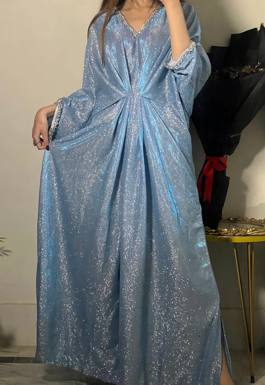 Embroidered Light Blue Shimmer Moonlight Kaftan