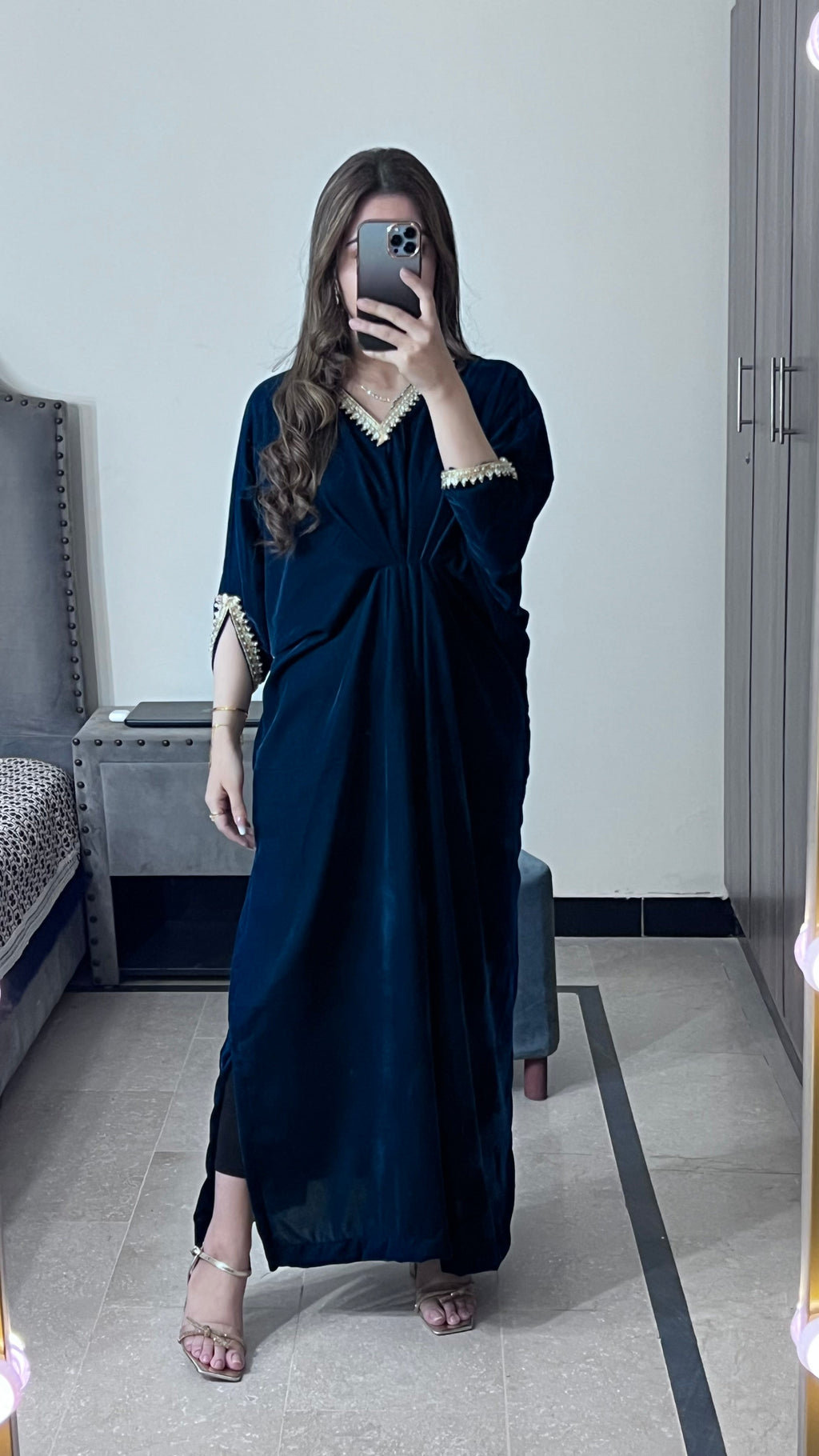 Embroidered Velvet Zinc Blue Kaftan