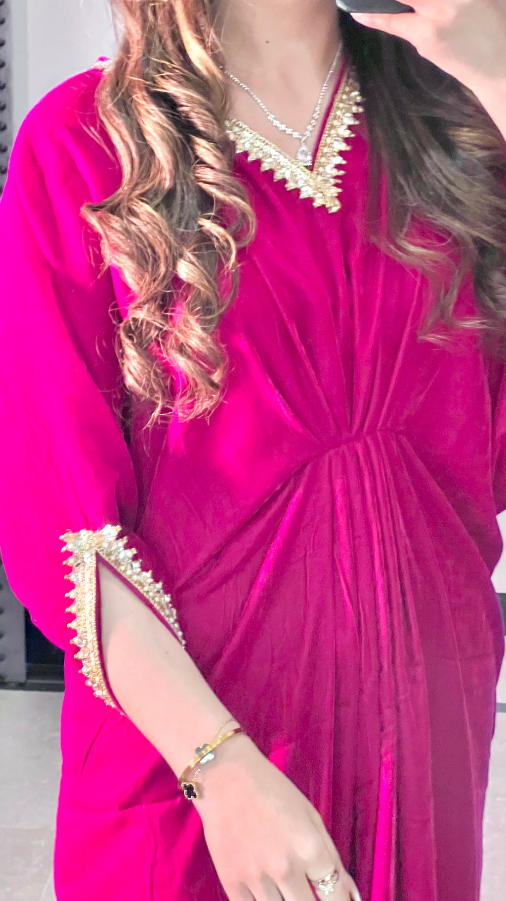 Embroidered Velvet Fuchsia Pink Kaftan