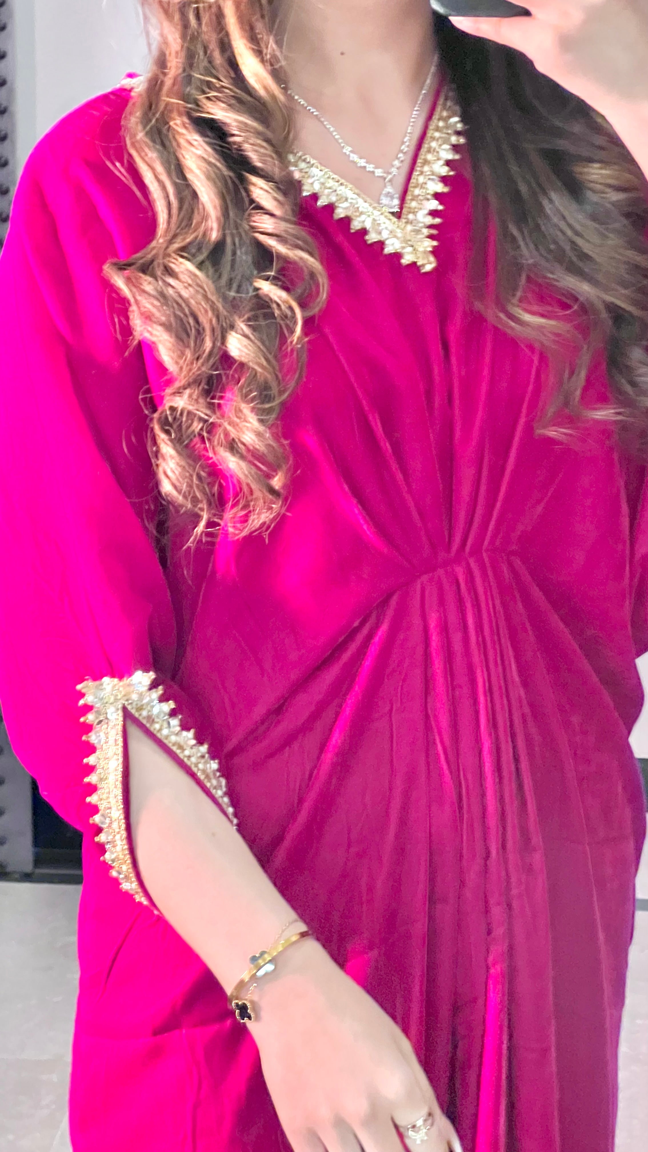 Embroidered Velvet Fuchsia Pink Kaftan