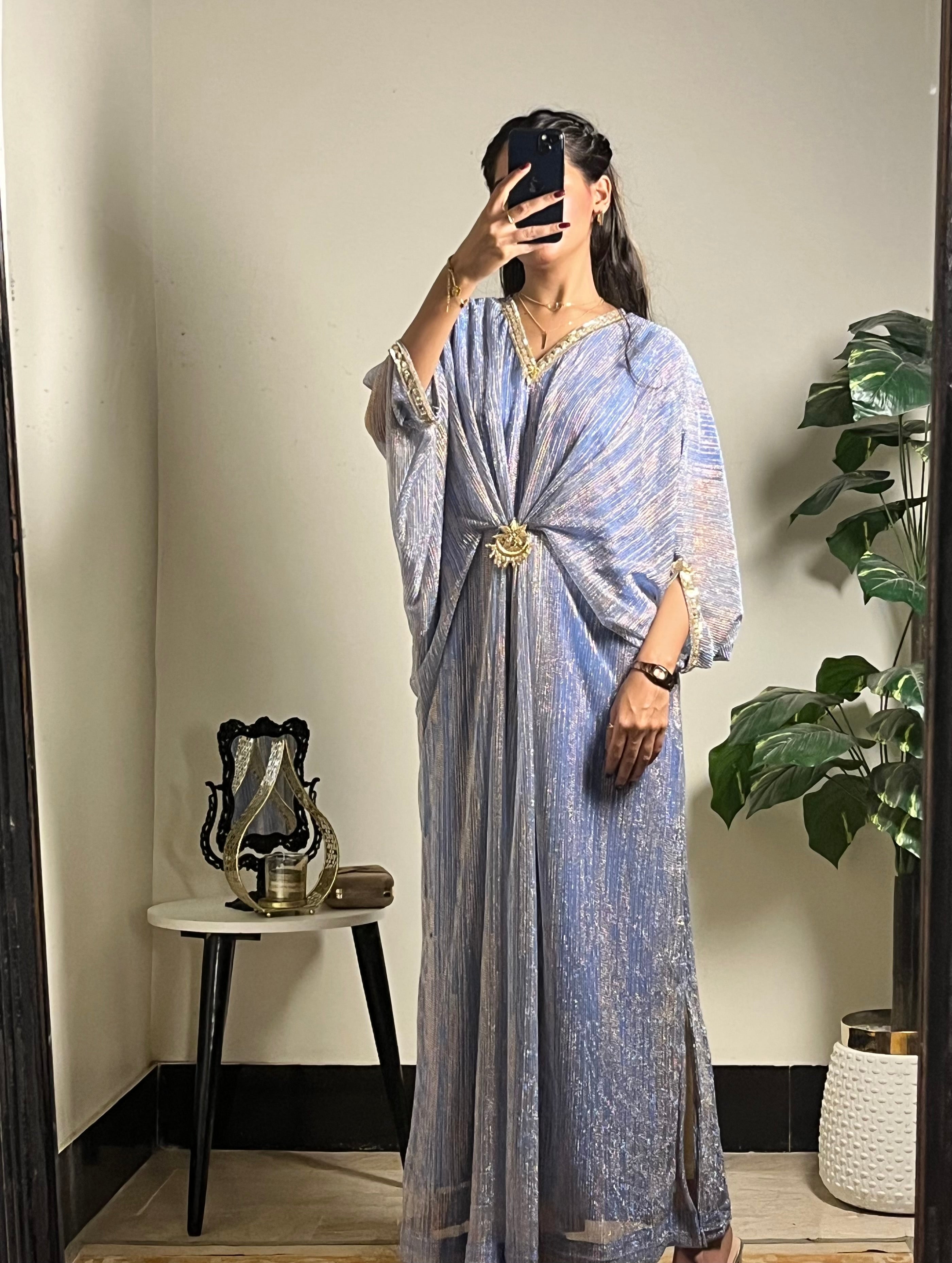 Cut-Dana Embroidered Blue Moonlight Kaftan