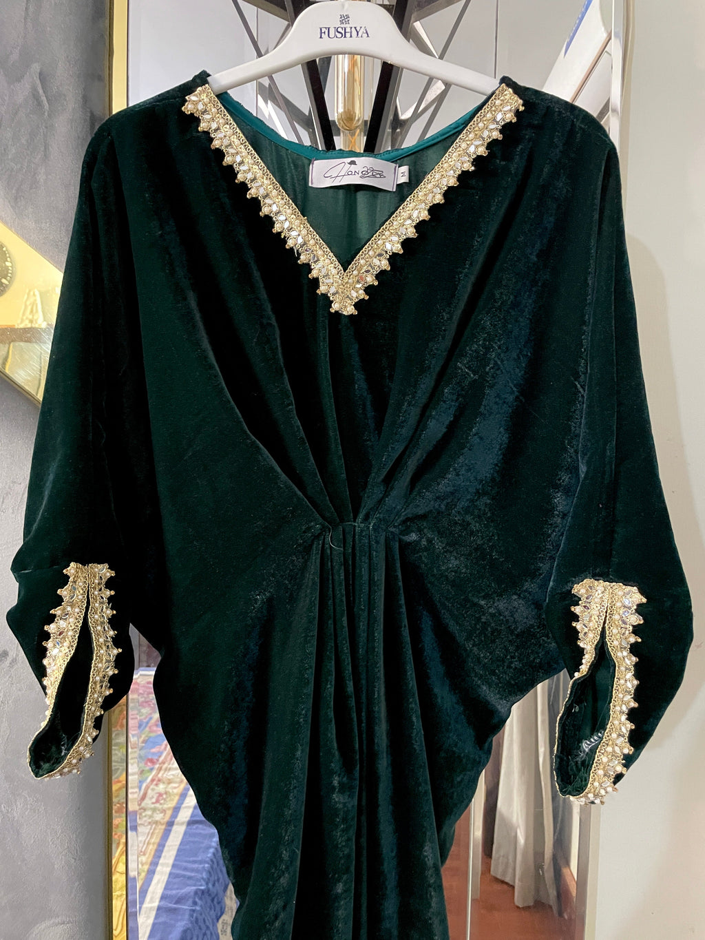 Embroidered Velvet Bottle Green Kaftan