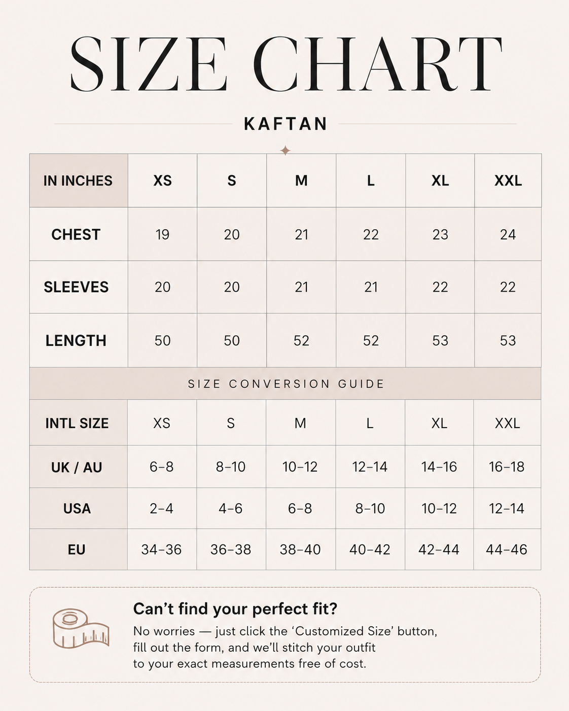 Shabgoon Size Chart