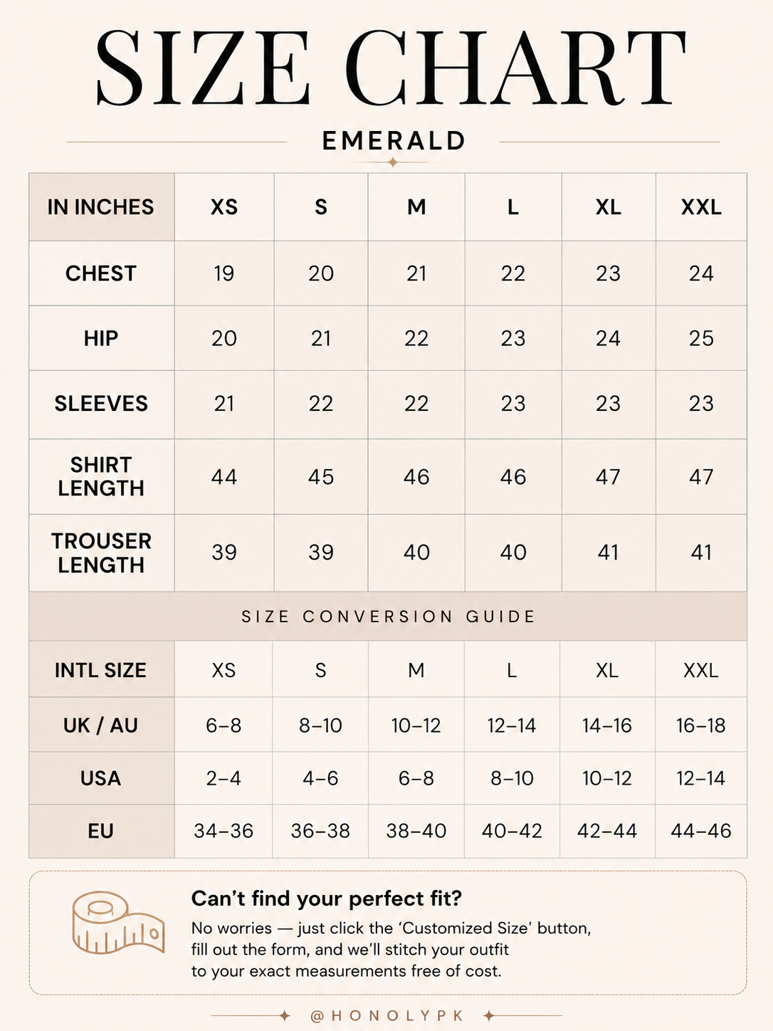 Emerald Surkh Size Chart