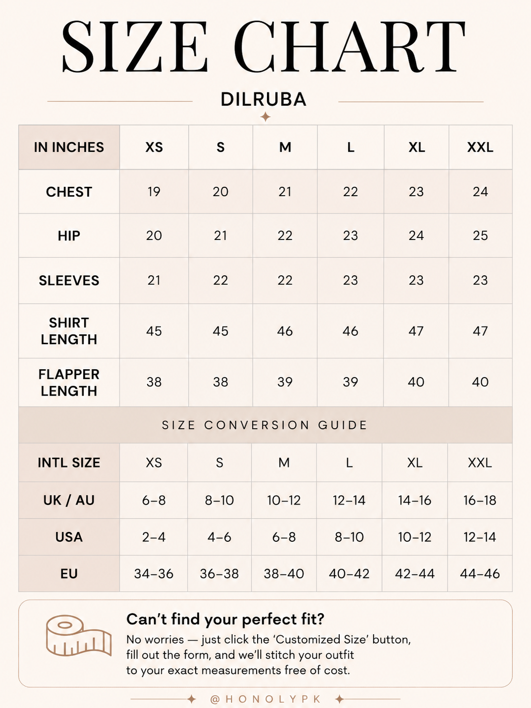 Dilruba - 10 Colors Size Chart