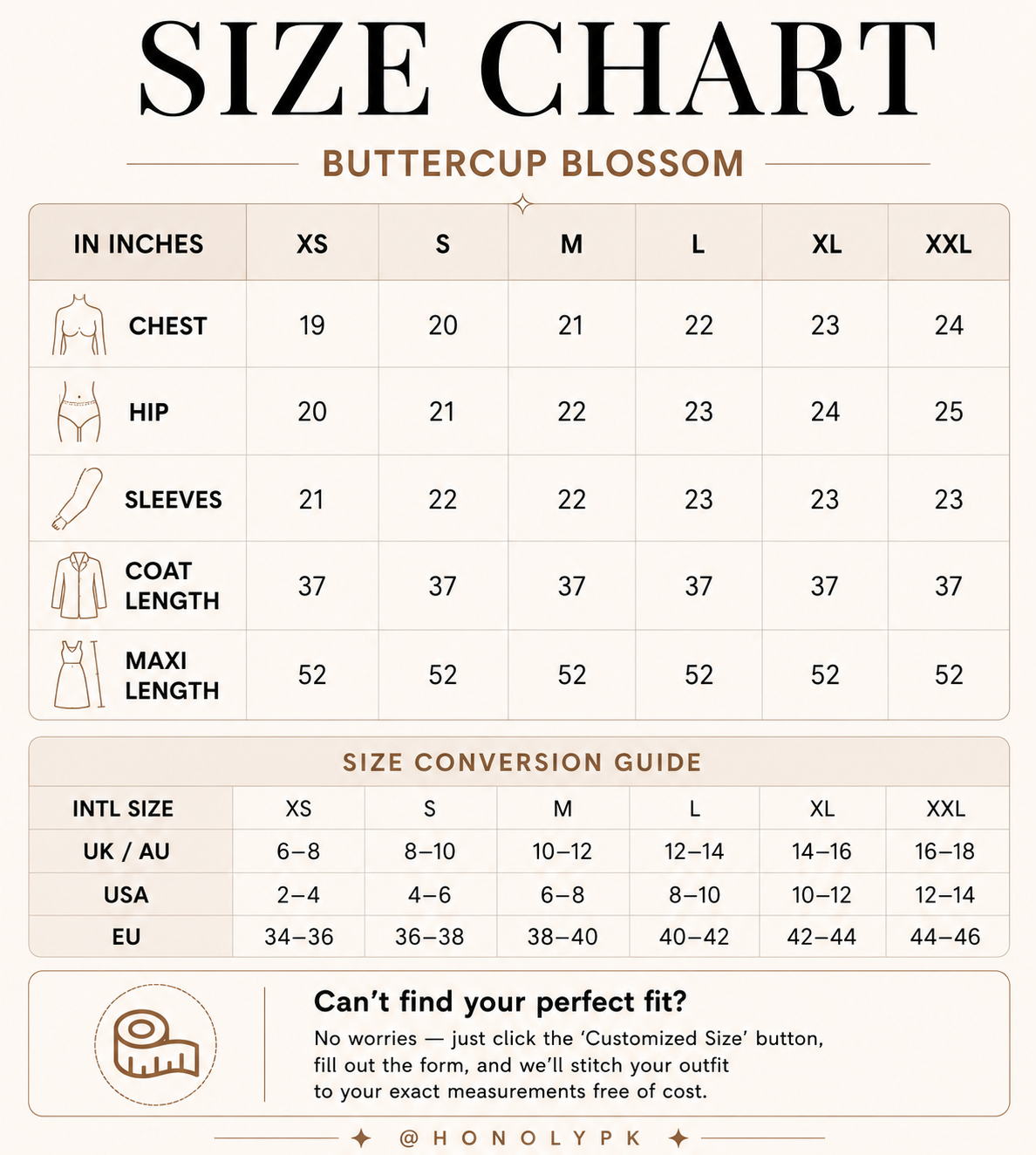 Buttercup Blossom Size Chart