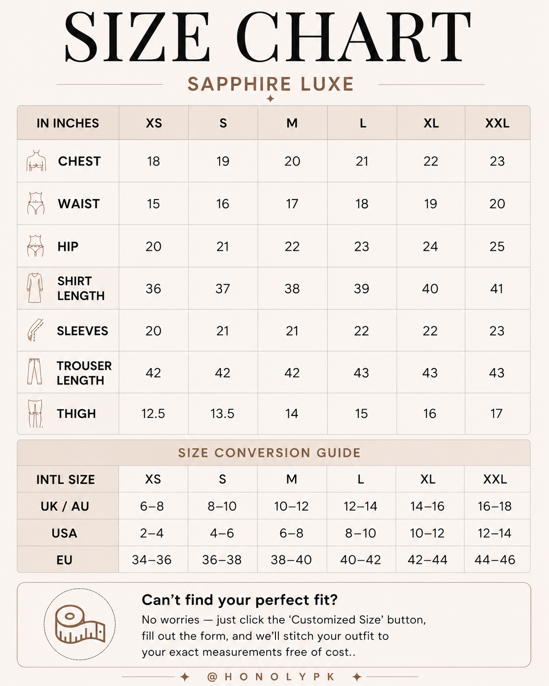 Sapphire Luxe Size Chart