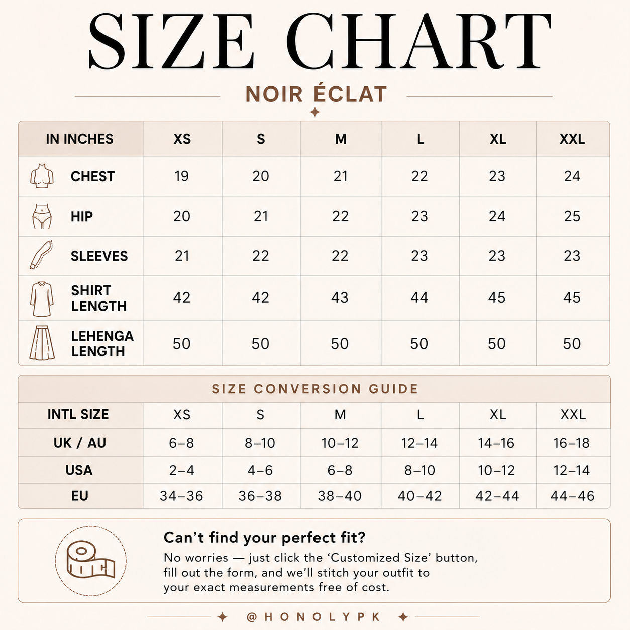 Noir Éclat Size Chart
