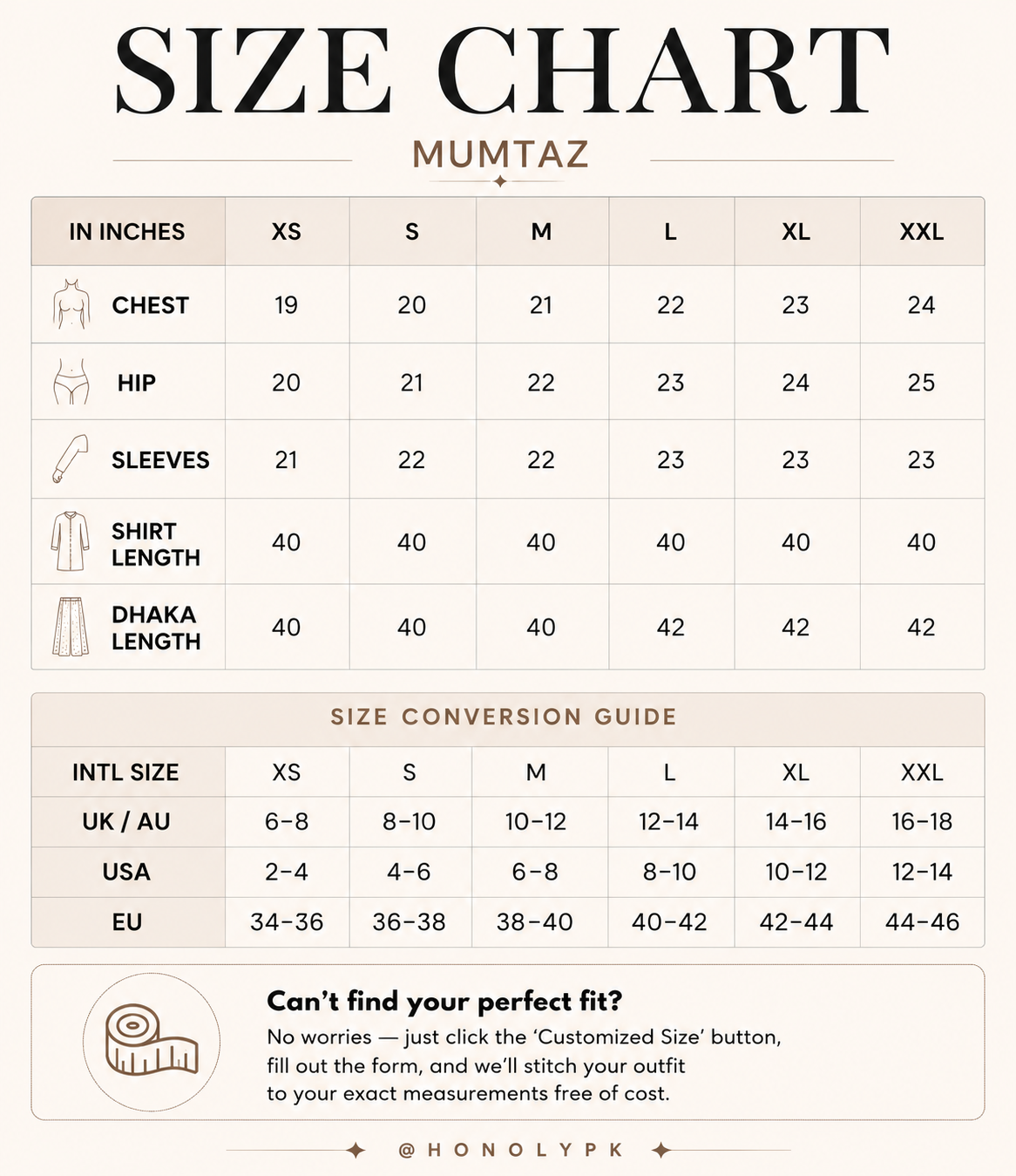 Mumtaz Size Chart