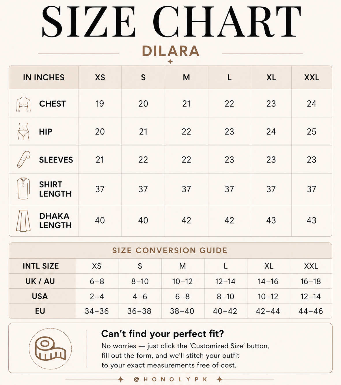 Shahnoor Size Chart