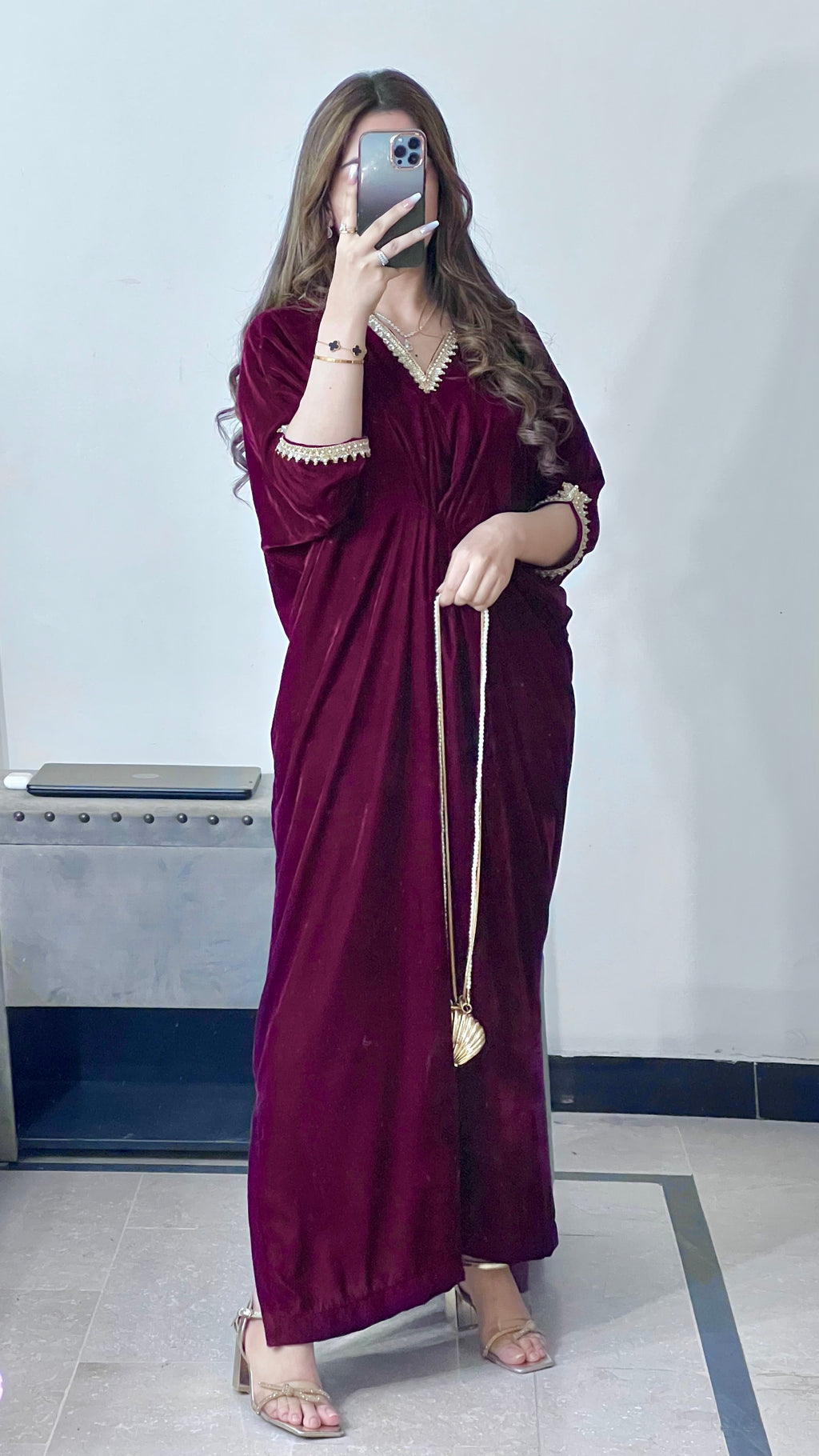 Embroidered Velvet Maroon Kaftan