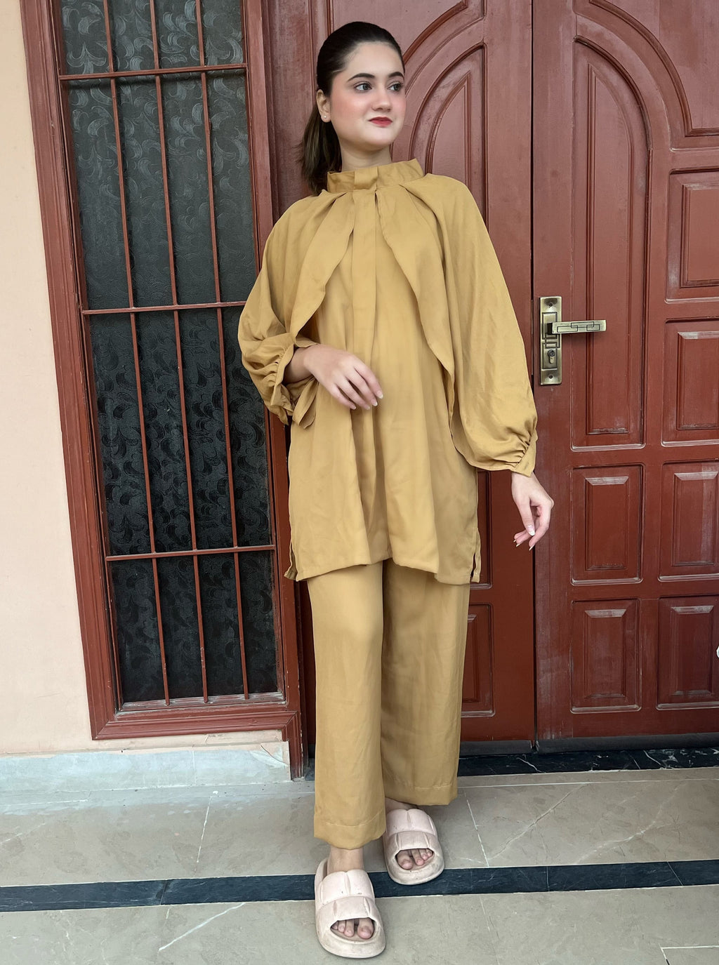 Beige Crepe Solid Co-Ord Set