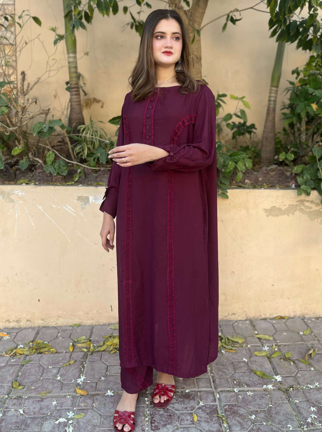 Burgundy Crepe Solid Co-Ord Set