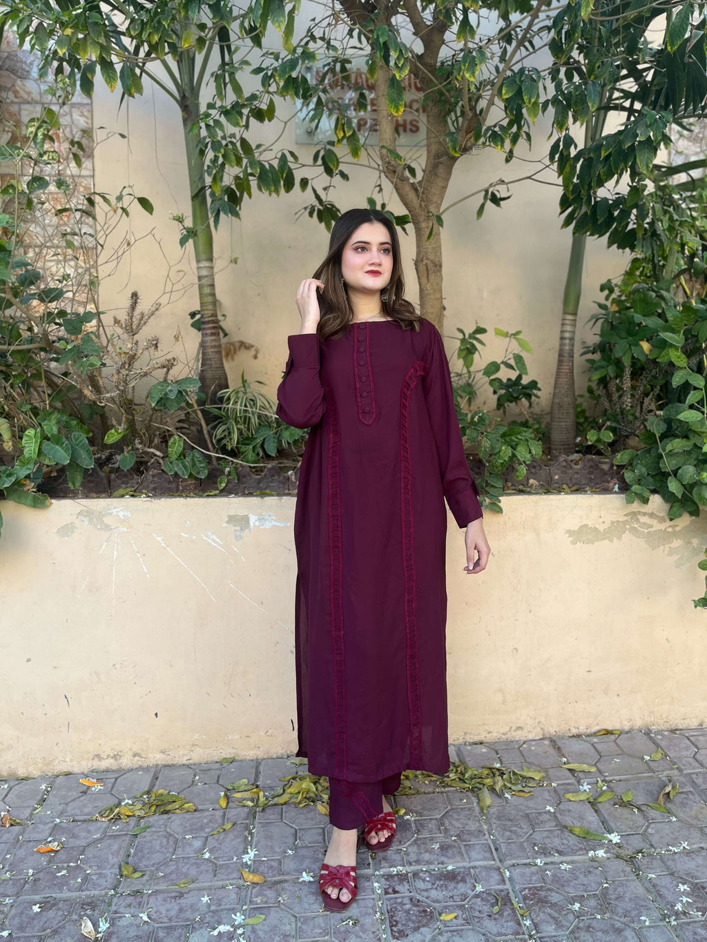 Burgundy Crepe Solid Co-Ord Set