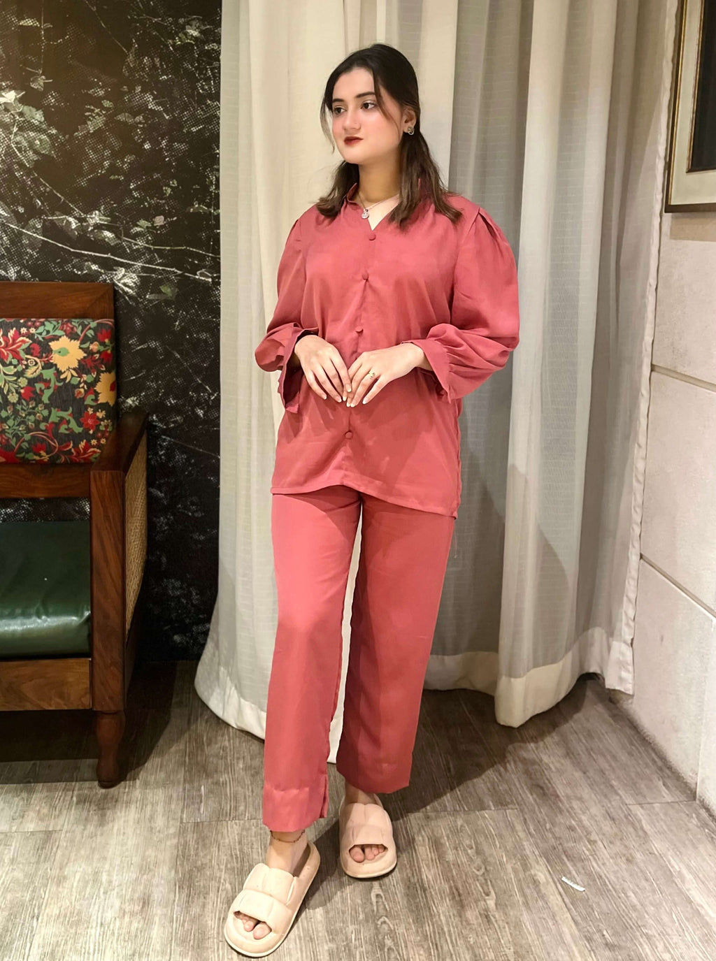Tea Pink Crepe Solid Co-Ord Set